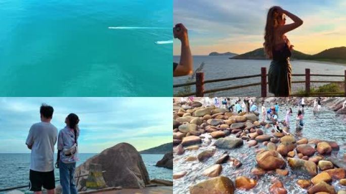 电影感大屏版惠东双月湾海边美景与游客看海