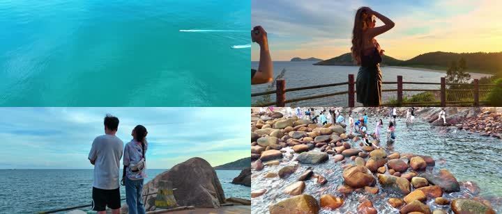 电影感大屏版惠东双月湾海边美景与游客看海