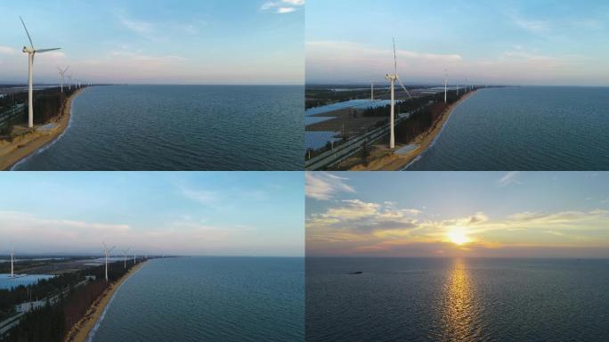 海边风车风电新能源海浪夕阳海岸线