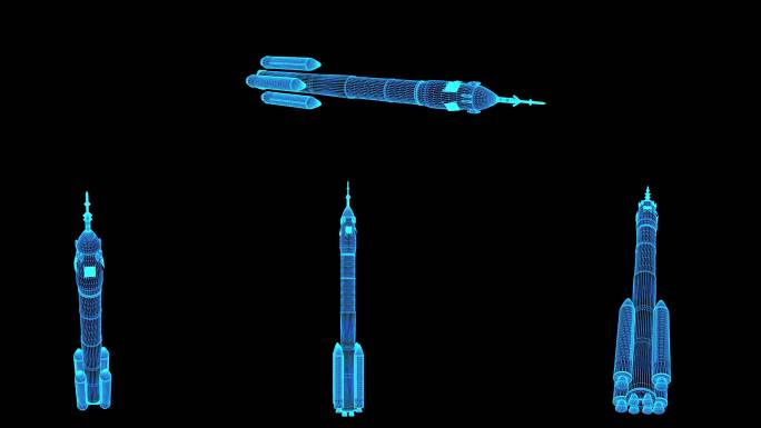 4K蓝色全息线框科技火箭长征素材带通道