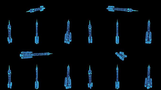 4K蓝色全息线框科技火箭长征素材带通道