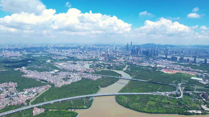 广州航拍城市大景广州环城高速南沙港快速