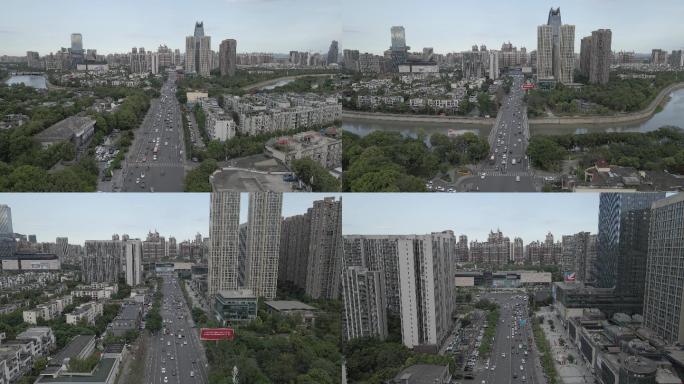 4k航拍成都华阳城市交通道路车辆河流灰片