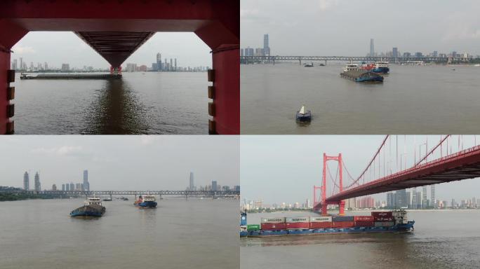 武汉长江航道货船穿过鹦鹉洲大桥
