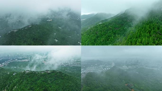 【有版权】航拍济南千佛山下雨云雾