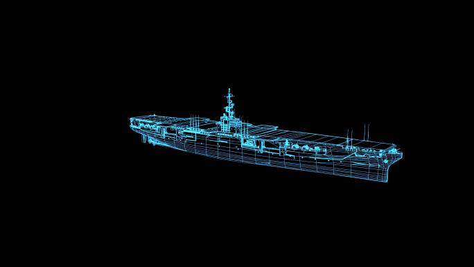 4K蓝色线框全息科技航母动画素材带通道