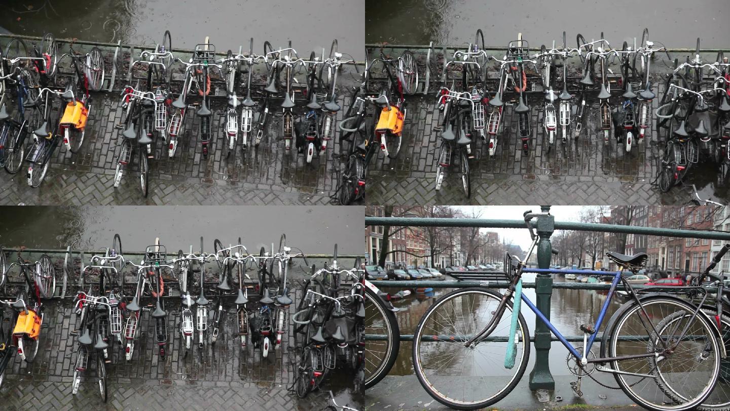 停在荷兰阿姆斯特丹运河边的自行车。序列