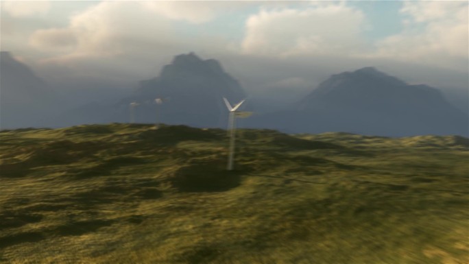 风力涡轮机在有暴风雨天气云层和山脉日落的平原上发电。主题：风能、太阳能、电力、能源、节能、替代燃料、