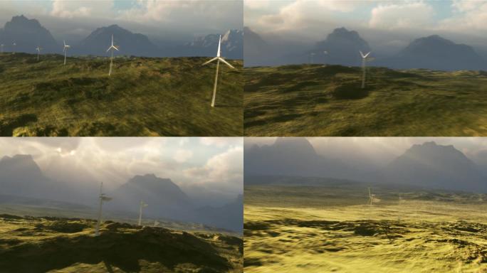 风力涡轮机在有暴风雨天气云层和山脉日落的平原上发电。主题：风能、太阳能、电力、能源、节能、替代燃料、