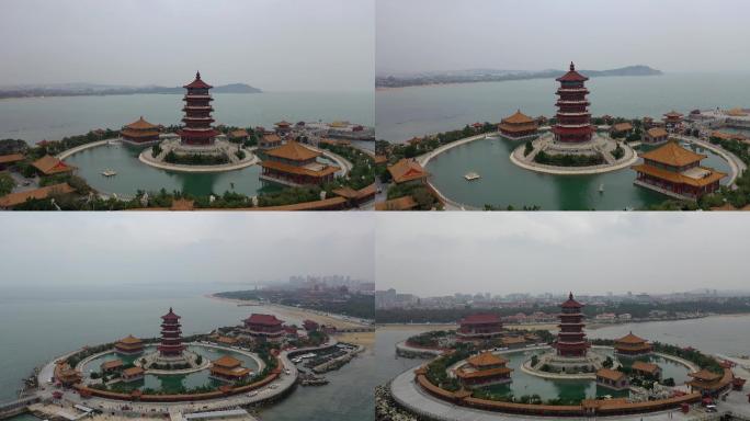 山东烟台市大气唯美蓬莱阁海边航拍