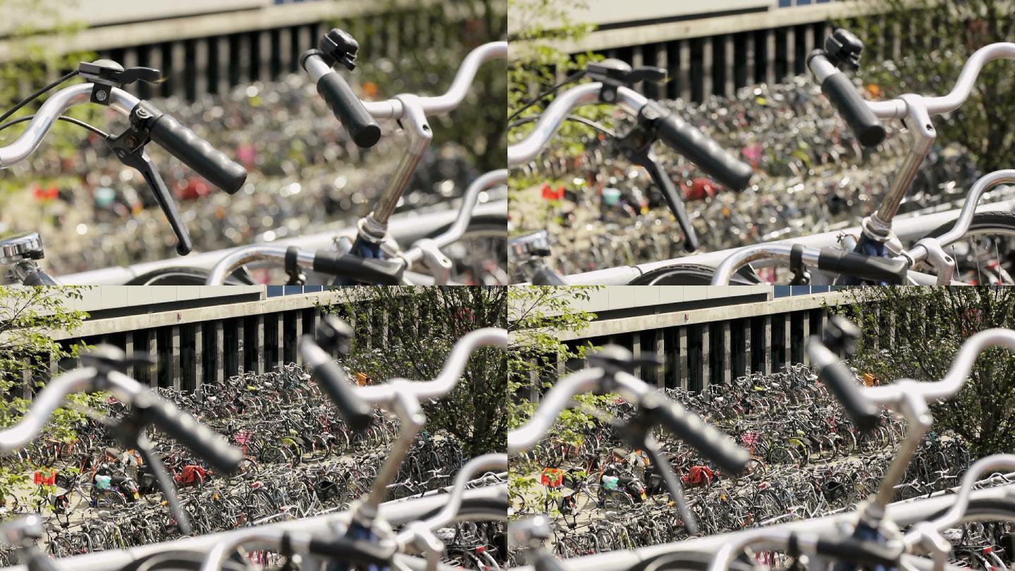 停放在荷兰阿姆斯特丹的自行车。机架焦点