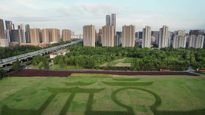 杭州滨江奥体中心杭州标志的大草坪航拍