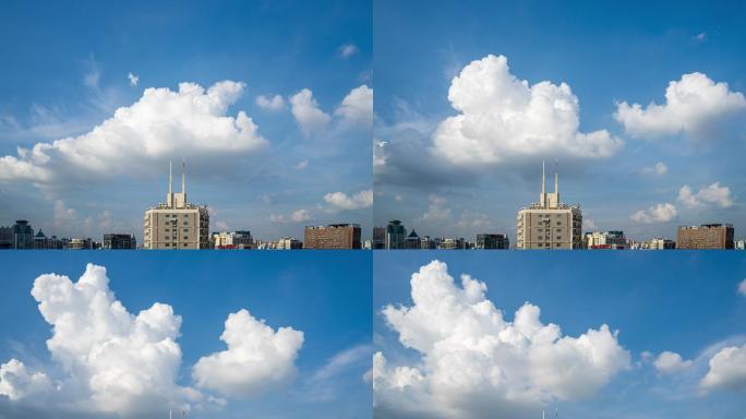 夏天城市上空的积雨云蓝天白云延时摄影