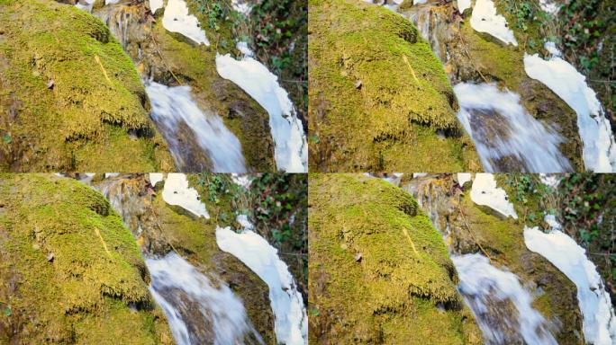 冬天有银色的瀑布和长满苔藓的岩石。乌克兰克里米亚大峡谷