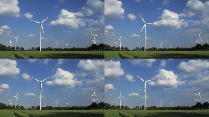 德国下萨克森州蓝天之前的风力涡轮机时间流逝。300%加速度。