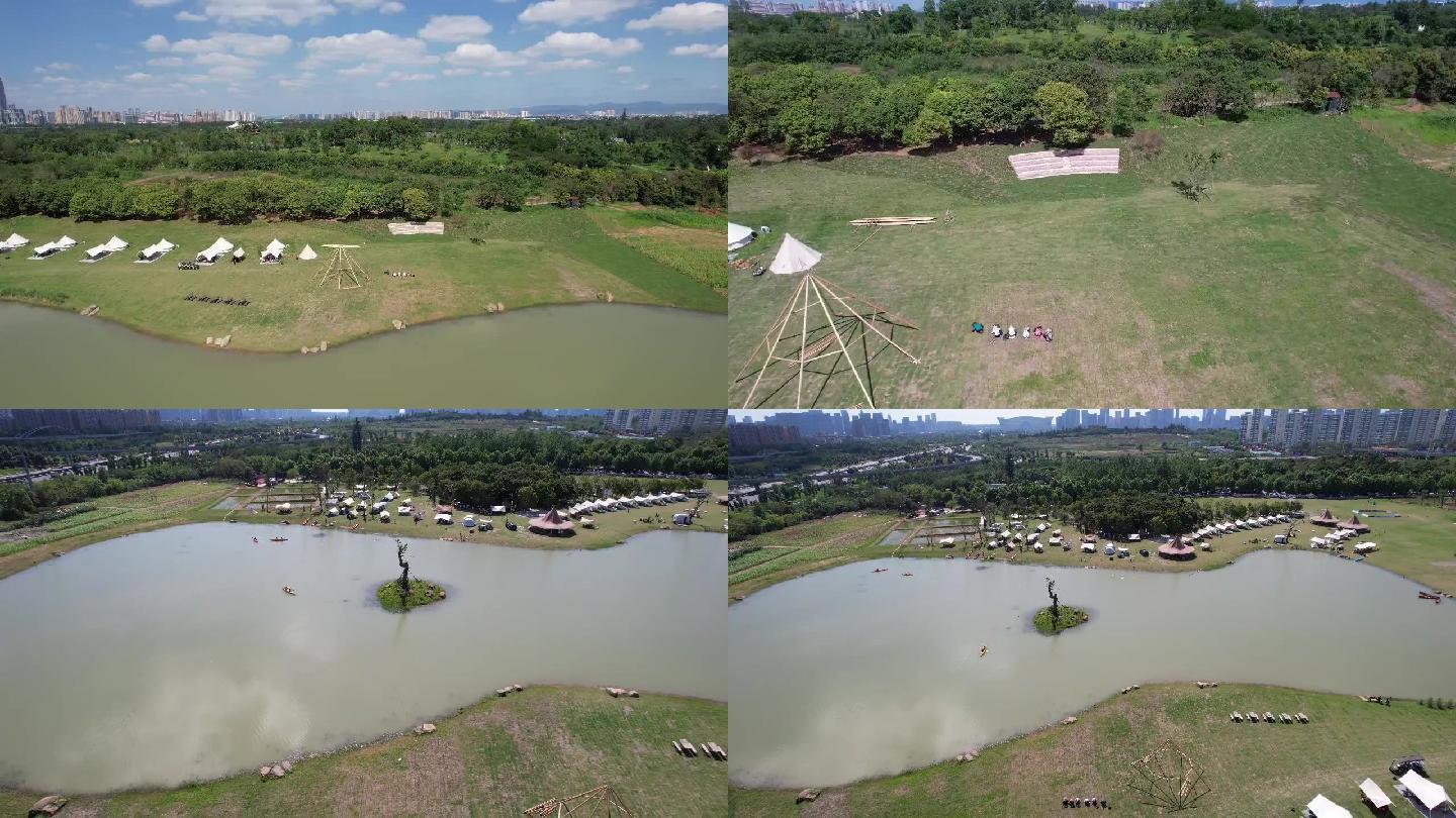 露营基地航拍画面秋游暑假露营营地