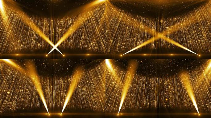 4k 金色粒子光线和灯光照射颁奖舞台背景