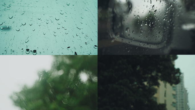 春天下雨夏天雨季汽车窗玻璃水珠雨滴滑落