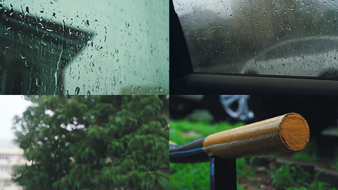 春天下雨夏天雨季汽车窗玻璃水珠雨滴滑落