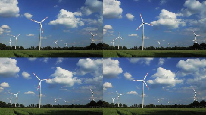 德国下萨克森州蓝天之前的风力涡轮机时间流逝。1000%加速度。