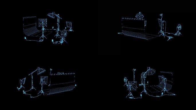 4K蓝色全息科技线框摄影棚素材旋转带通道