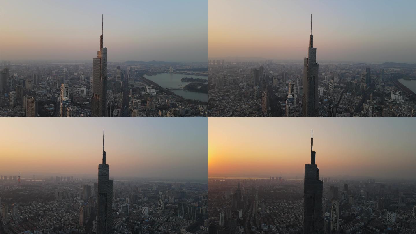 日落晚霞下的紫峰大厦和南京城