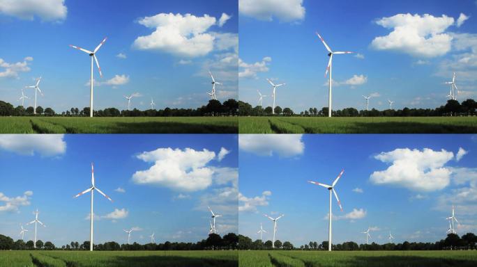 德国下萨克森州的风力涡轮机。云层实时地穿过摄像机向地平线移动。