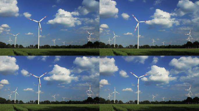 德国下萨克森州蓝天之前的风力涡轮机时间流逝。500%加速度。