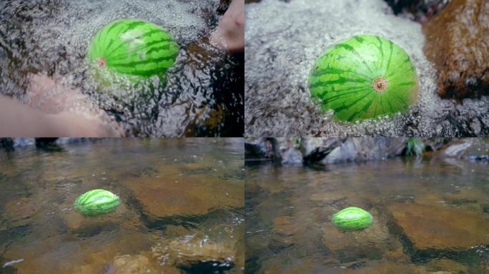 夏天西瓜在清澈见底的溪水冲凉