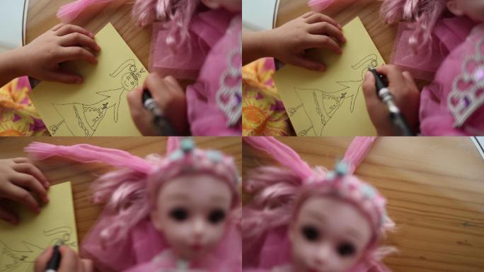 小孩玩耍涂鸦画画公主玩偶玩具高清50帧