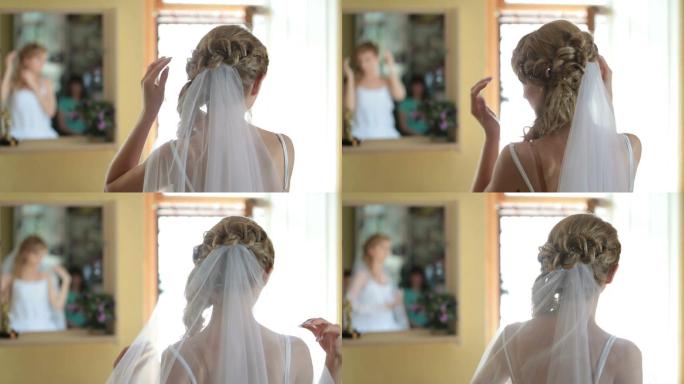 婚礼当天早上，新娘坐在镜子前