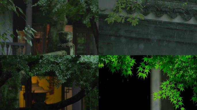 江南雨季中式园林屋檐雨滴升格慢镜