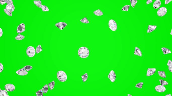钻石在绿屏上散射或飞走