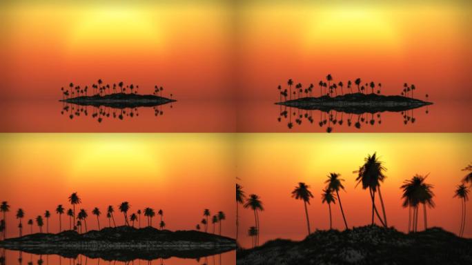 热带岛屿日落，棕榈树和海浪环绕。主题：自然，度假，旅游，目的地，海洋，热带，夏天，天堂，旅游。。。