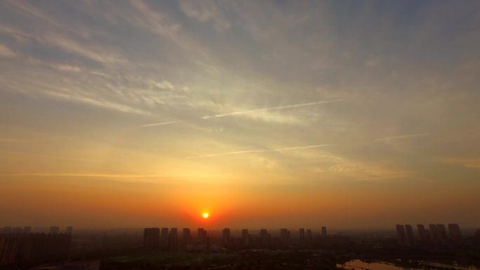 城市天际线日出东方红太阳升彩霞满天朝霞