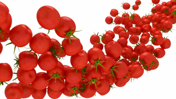 番茄-樱桃流在白色上慢动作