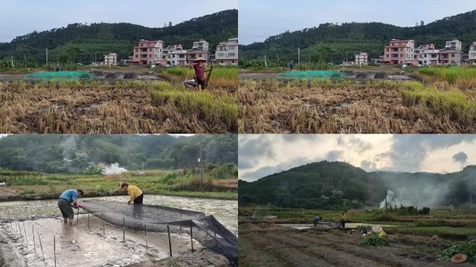 山村傍晚田间村民劳作晚归原野炊烟乡土风情