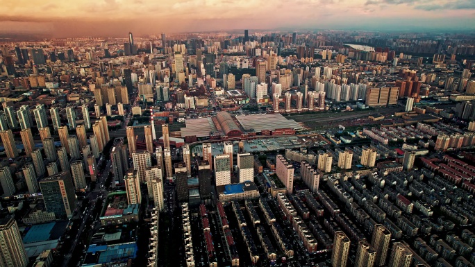 中国辽宁沈阳站火车站航拍城市风景