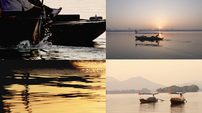清晨杭州西湖上的手划船