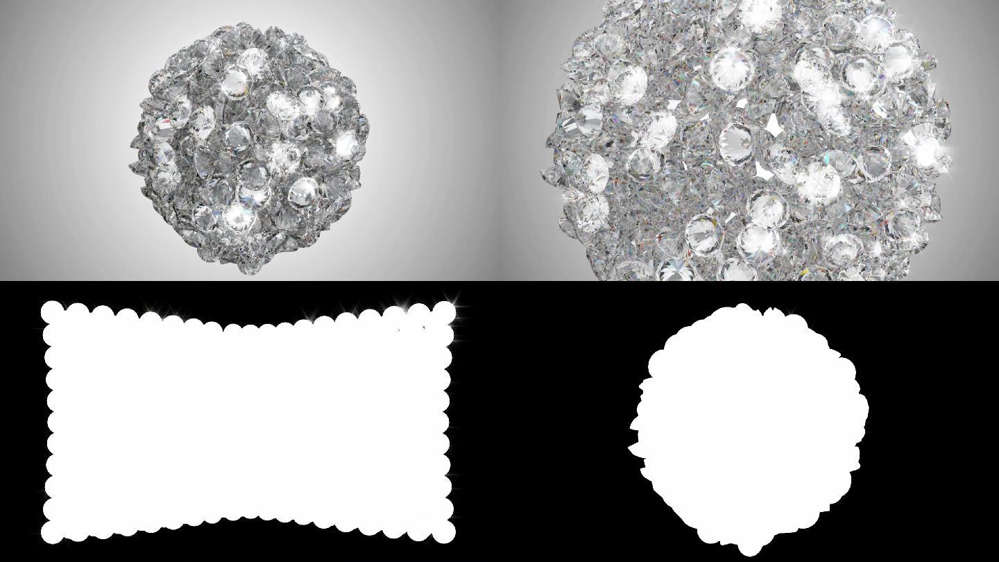 钻石球体在工作室灯光背景上爆炸或散射。包括Alpha通道