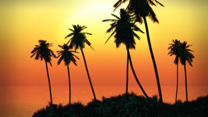 热带岛屿日落，棕榈树，海浪和雾。主题：自然，度假，旅游，目的地，海洋，热带，夏天，天堂，旅游。。。