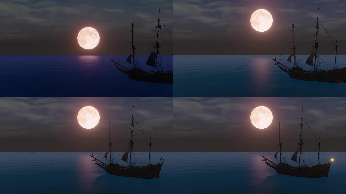4K海上月亮唯美月亮海上帆船中秋夜晚帆船