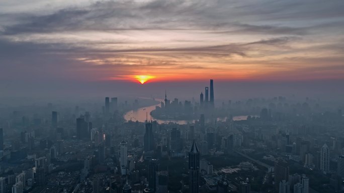 上海日出城市天际线航拍夏季雾霾延安高架