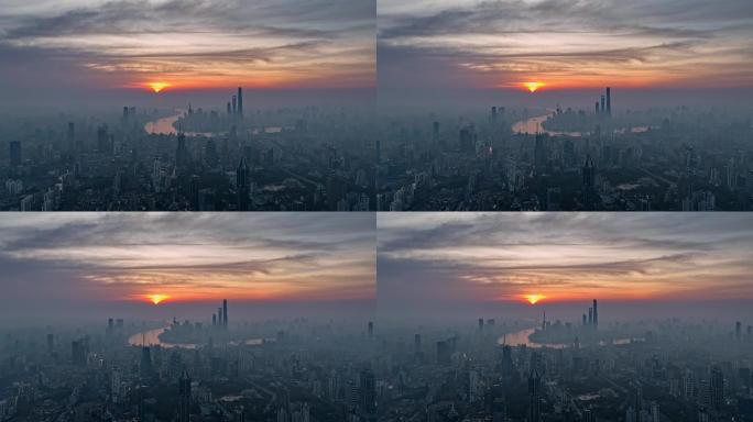 上海日出城市天际线航拍夏季雾霾延安高架