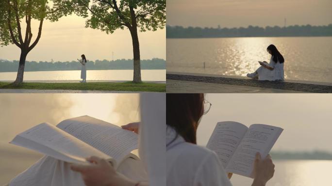 湖边晨读女孩
