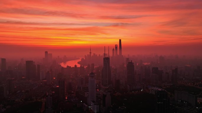 上海日出城市天际线航拍夏季火烧云早晨朝霞