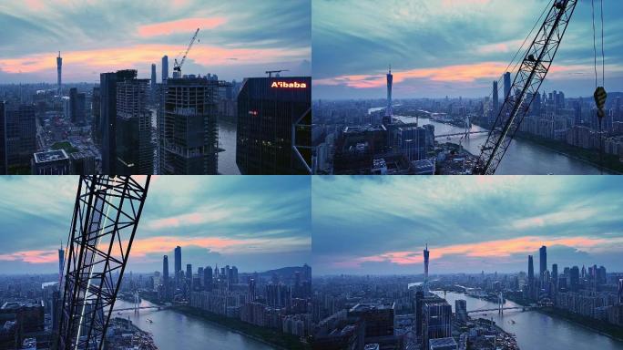 广州琶洲都市穿吊塔追夕阳航拍4K视频