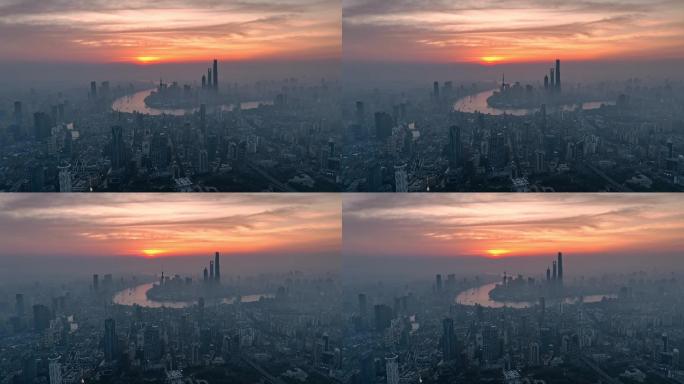 上海日出城市天际线航拍夏季雾霾延安高架