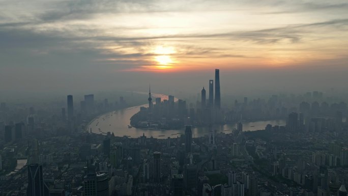 上海日出城市天际线航拍夏季雾霾上海黄浦江