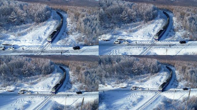 航拍大兴安岭雪原列车